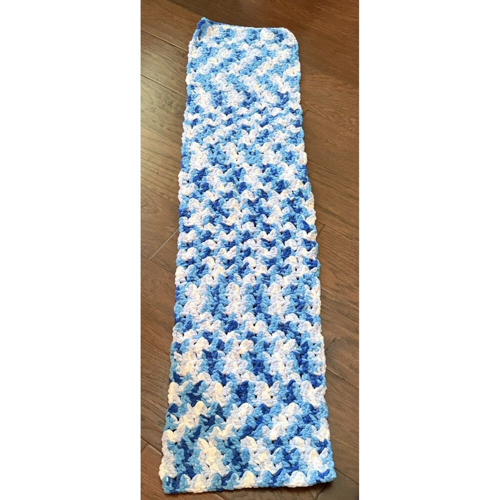 Hand Crocheted Table Runner Blue Cream/White Cottage Granny